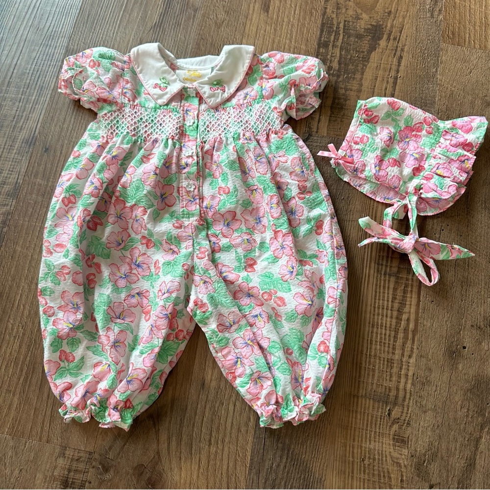 Strawberry Baby Romper with Matching Bonnet